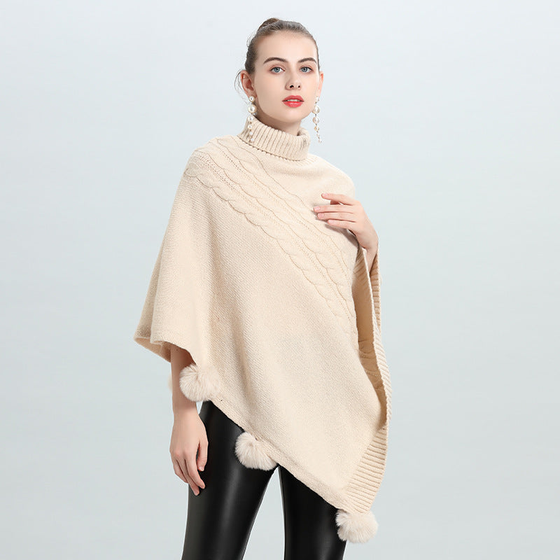 Spring new temperament cape shawl medium and long hairball turtleneck pullover knitted sweater cape 0939 #