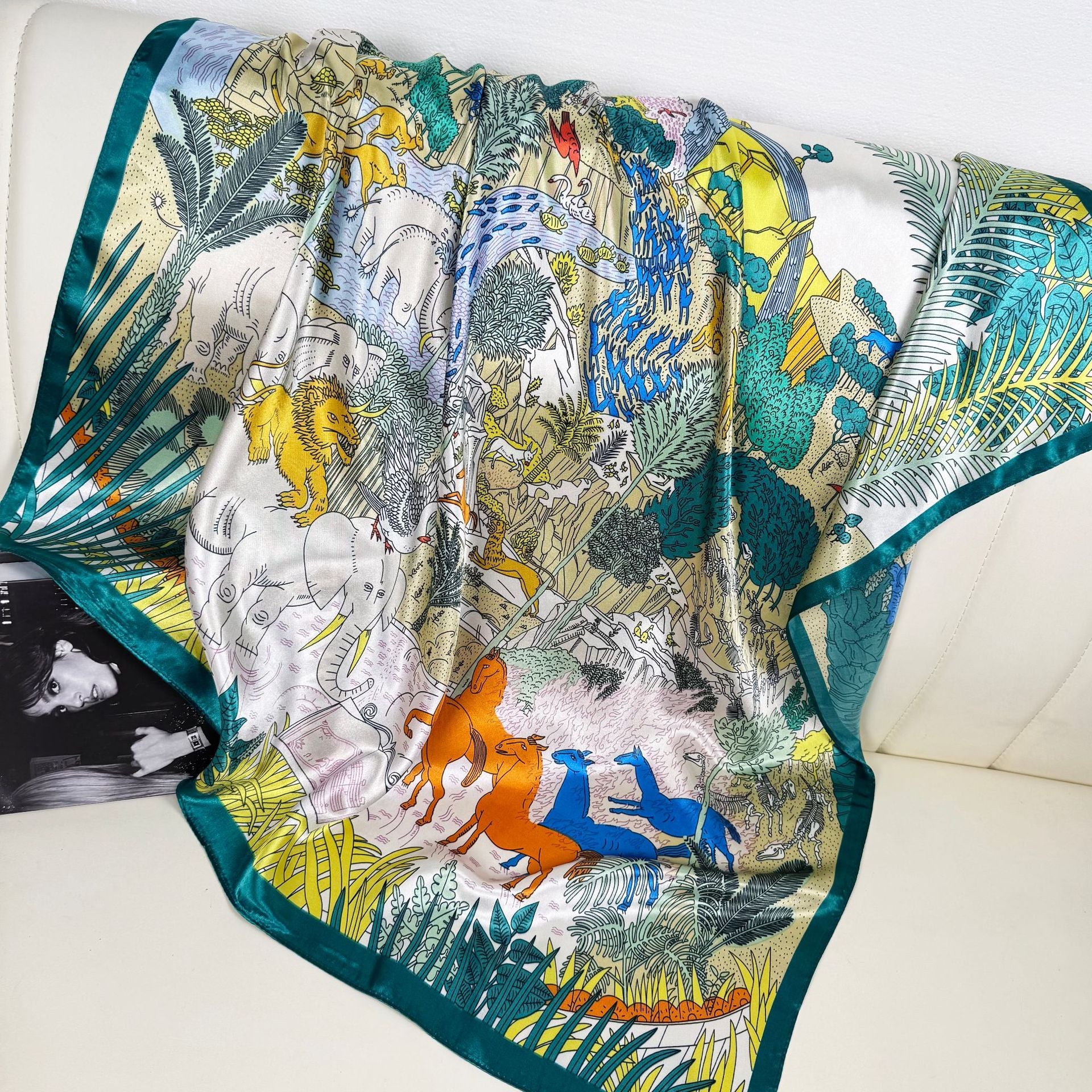 European and American fashion plant flower print silk scarf 90cm large square scarf, women's scarf with shawl, gifts