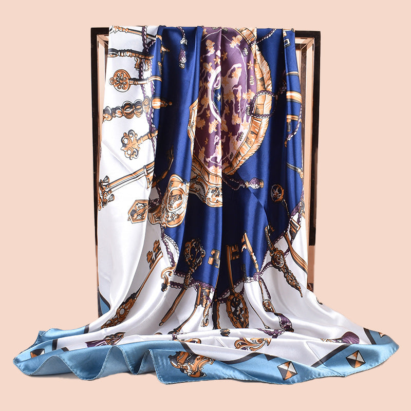 Spring new large shawl simulation silk metal key printing silk scarf bag head scarf 90-color diced large square scarf batch