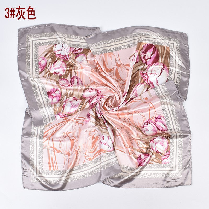 Summer new fashion versatile tulip bouquet print 90-color square scarf silk scarf headscarf