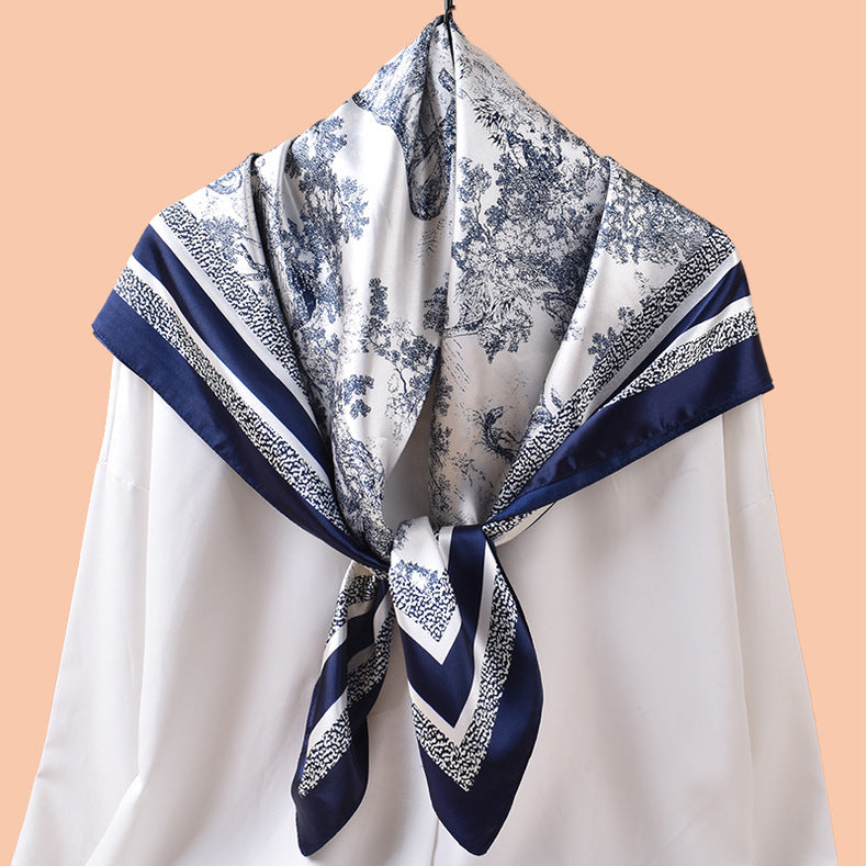 2025 spring and summer ink painting printing versatile decorative scarf headscarf silk scarf 90 high-quality satin square scarf