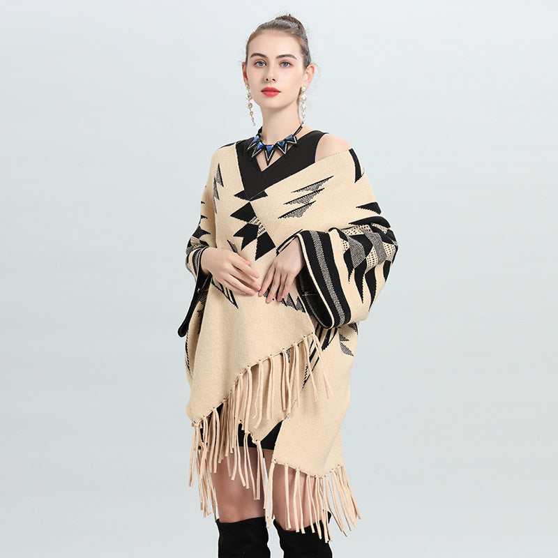 Autumn and winter new large size loose medium and long jacquard knitted cardigan fringed shawl jacket women 0916