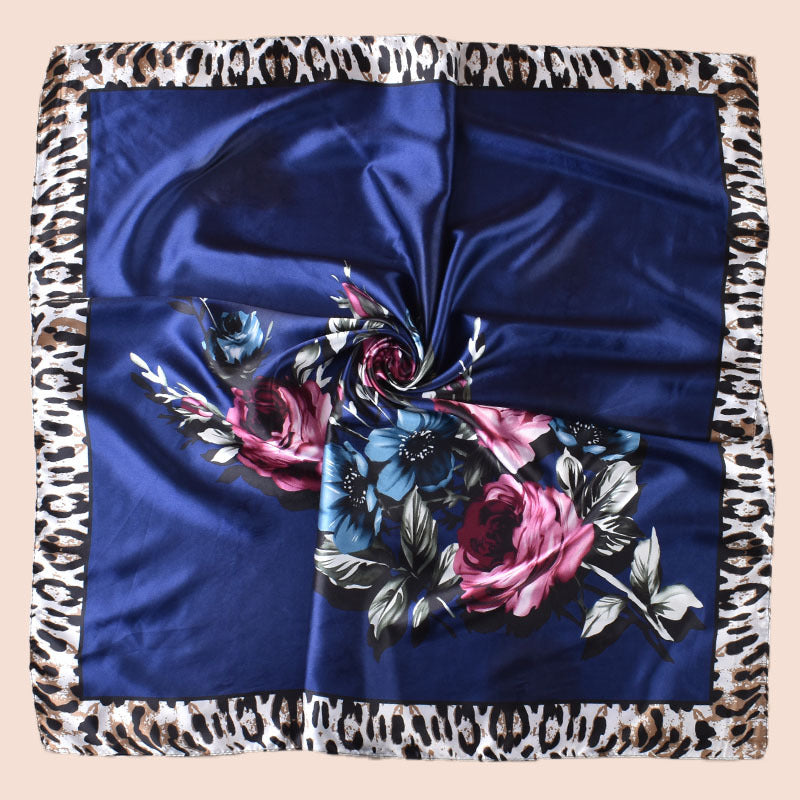 Spring new large shawl simulation silk leopard print rose printing silk scarf head scarf 90-color large square scarf