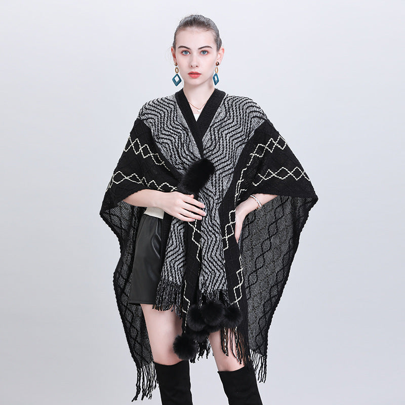 European and Korean autumn and winter new fashion multi-purpose scarf shawl hairball knitted cardigan shawl cape 0993 #