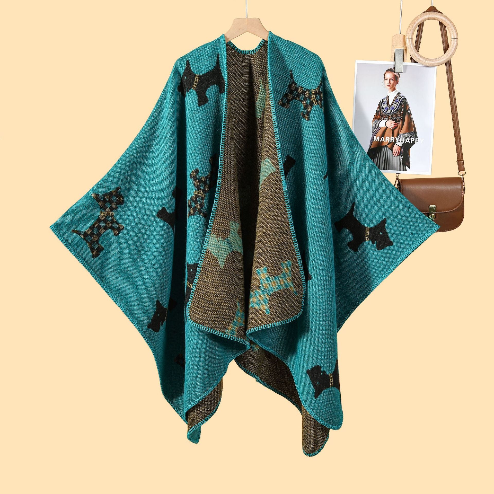Women's simple cartoon picture split shawl autumn and winter thickened warm jacquard cloak cardigan hot new