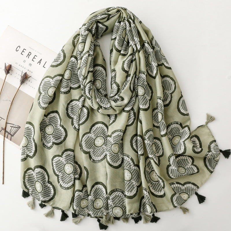 Spring and summer cotton and linen feel scarf celebrity style four-leaf flower window fringed silk scarf warm shawl