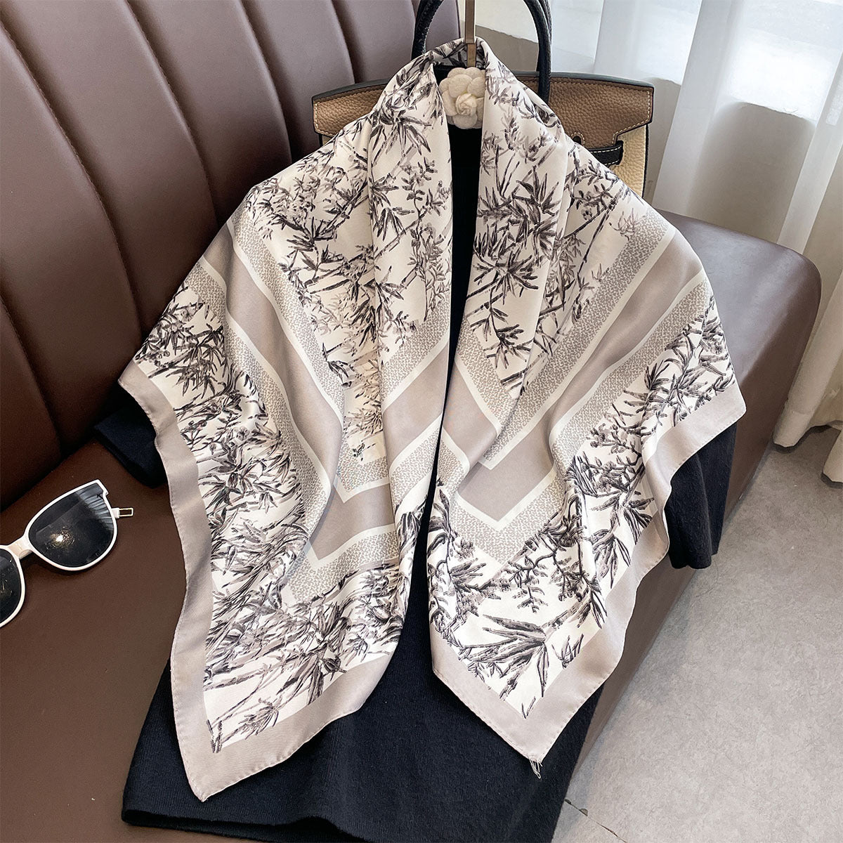 Autumn new classic bamboo leaf 90 printed large square scarf women's imitation silk high-end fashion shawl scarf