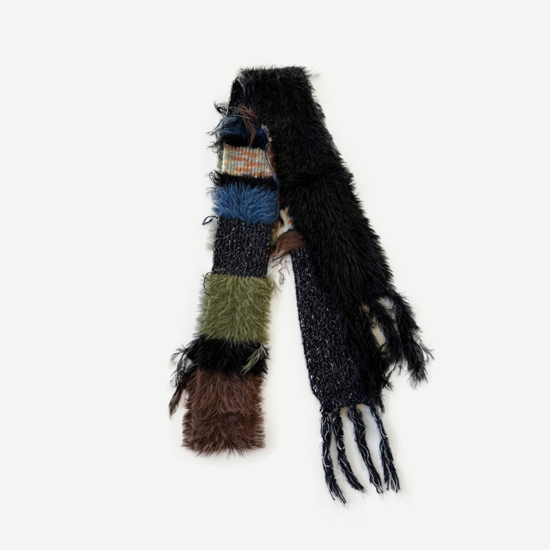 Show multi-material color matching shape decorative striped knitted fringed scarf men's and women's autumn and winter soft wool scarf