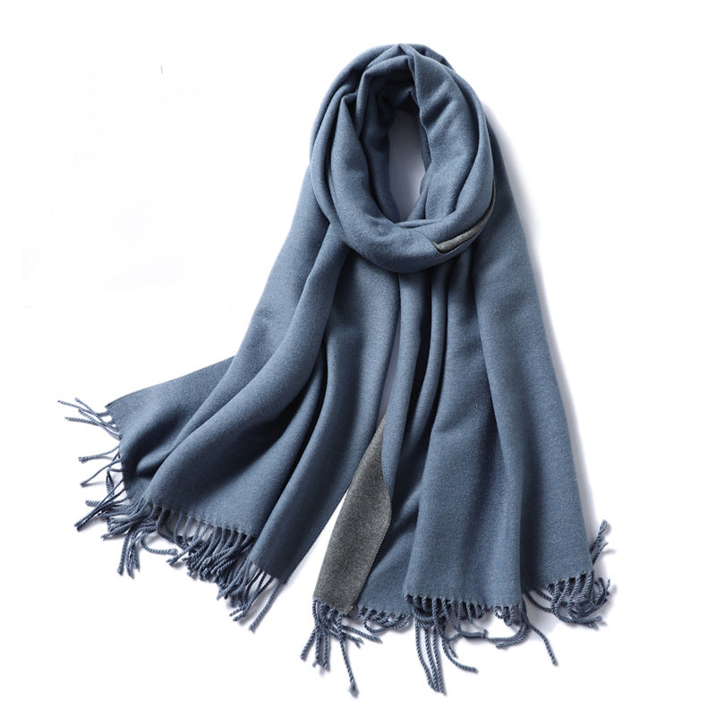 Simple solid color imitation cashmere scarf men's and women's winter thickened warm double-sided two-color versatile fringed shawl core-spun yarn