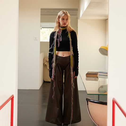 Niche broken retro mixed color hanging beard bright silk scarf scarf female slender shape dark wind JK fringed scarf