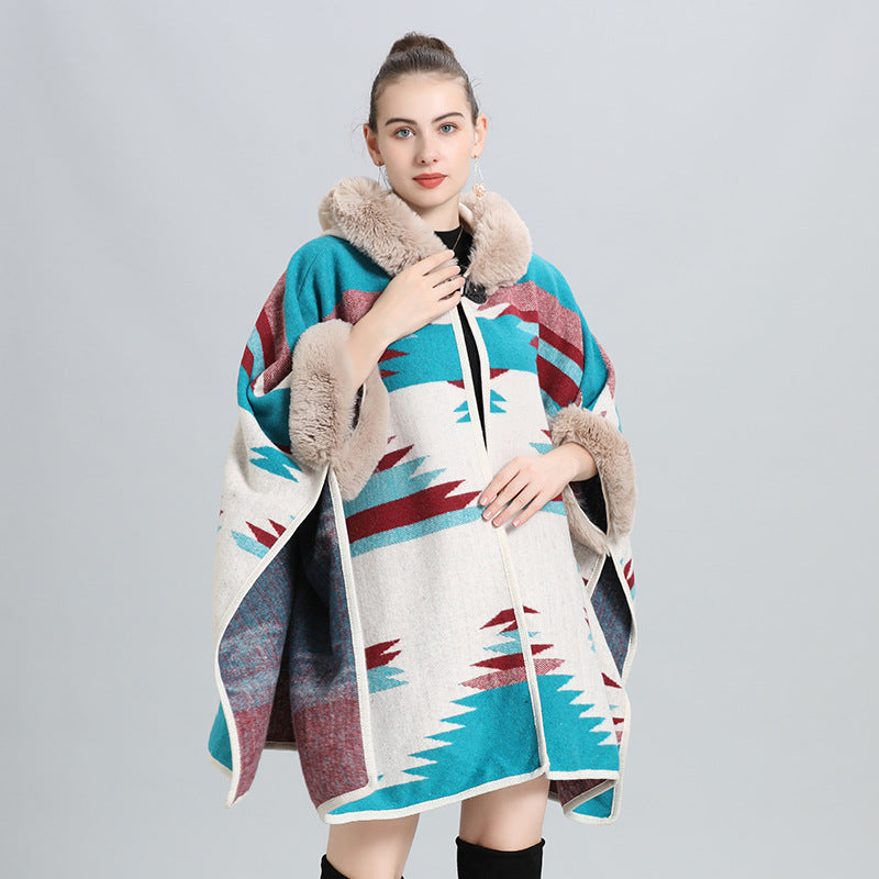 European and American autumn and winter new large size loose cloak imitation fur collar jacquard knitted cardigan shawl cloak jacket 0967 #