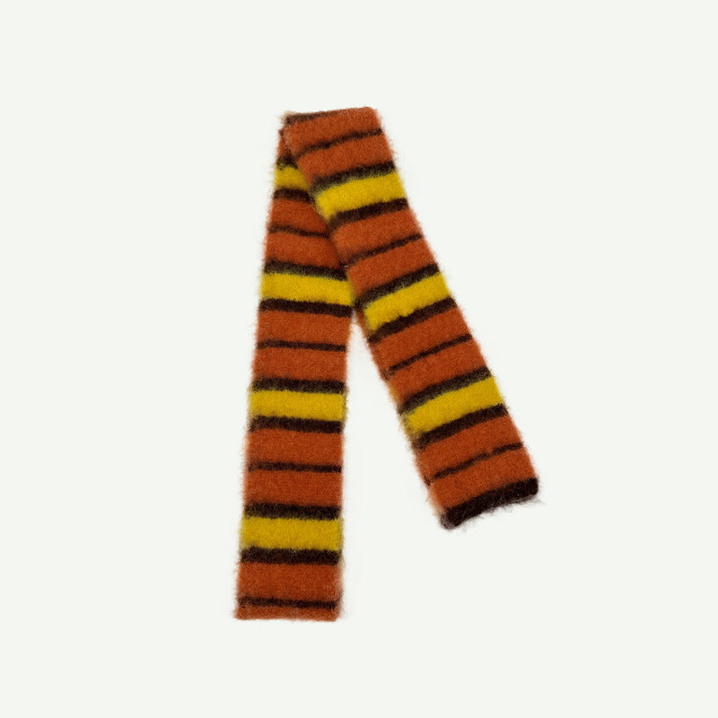 Designer thin and narrow contrasting stripes knitted small scarf women's autumn and winter concave double-layer warm wool scarf