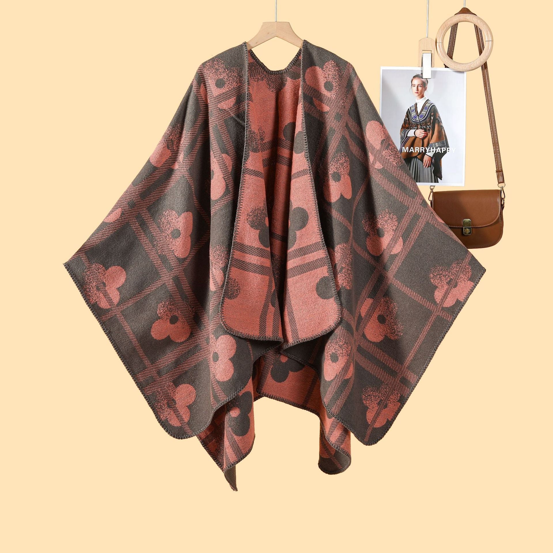 Autumn and winter new plaid plum blossom thickened warm shawl cape women's European and American street fashion catwalk outside cardigan