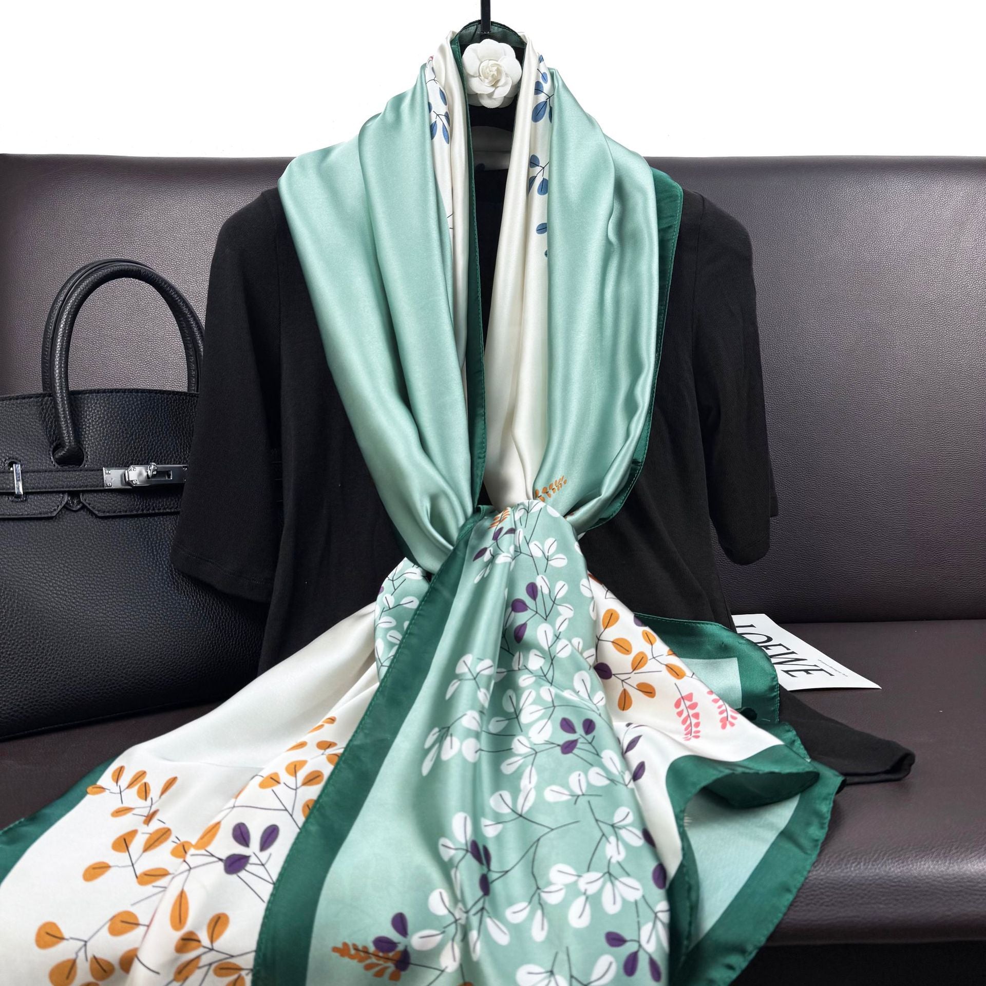 Fashion versatile color matching plant flower simulation silk printing long silk scarf, temperament women's vacation sunscreen
