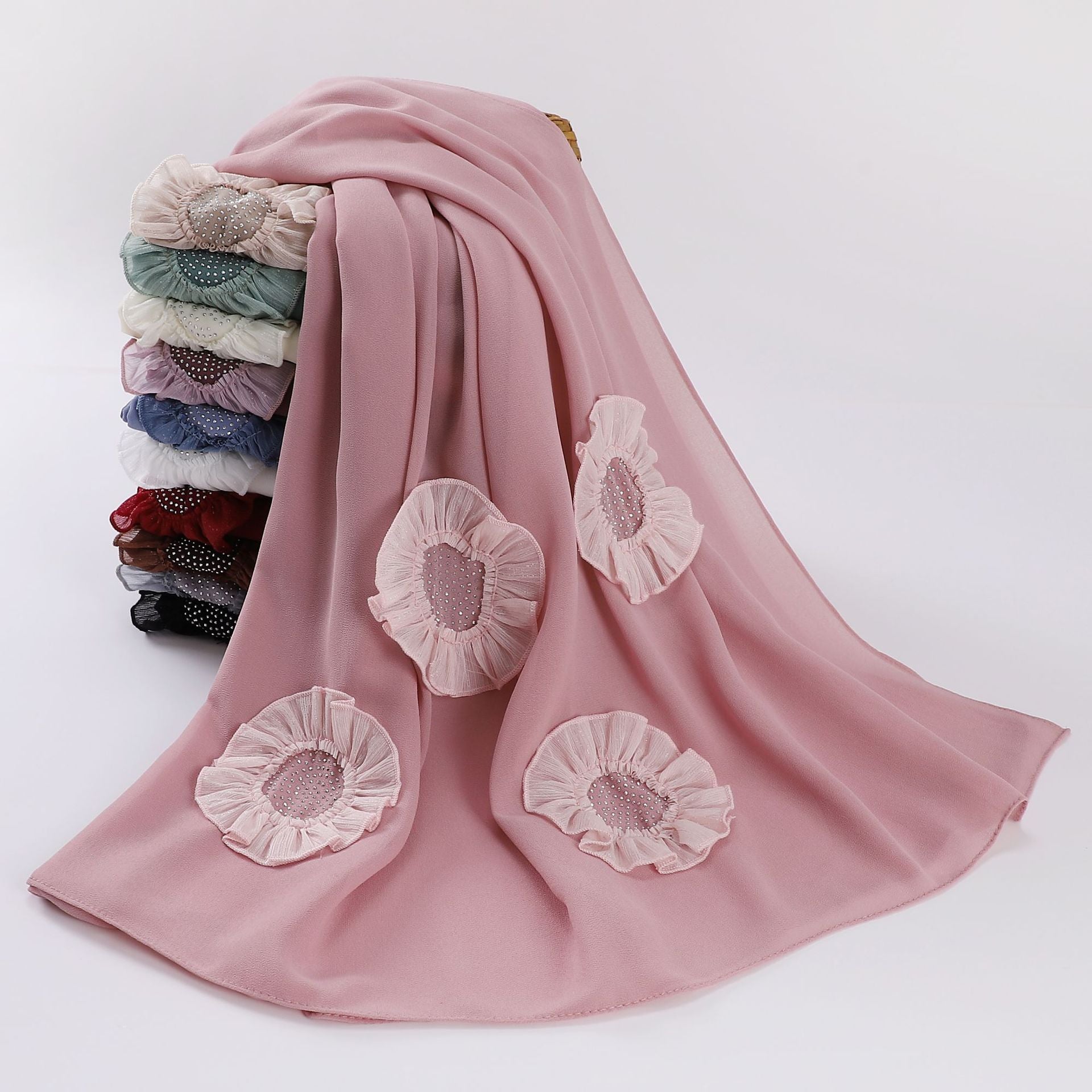 New pearl chiffon scarf circle hot diamond pleated lace long scarf Middle East Africa Malaysia headscarf