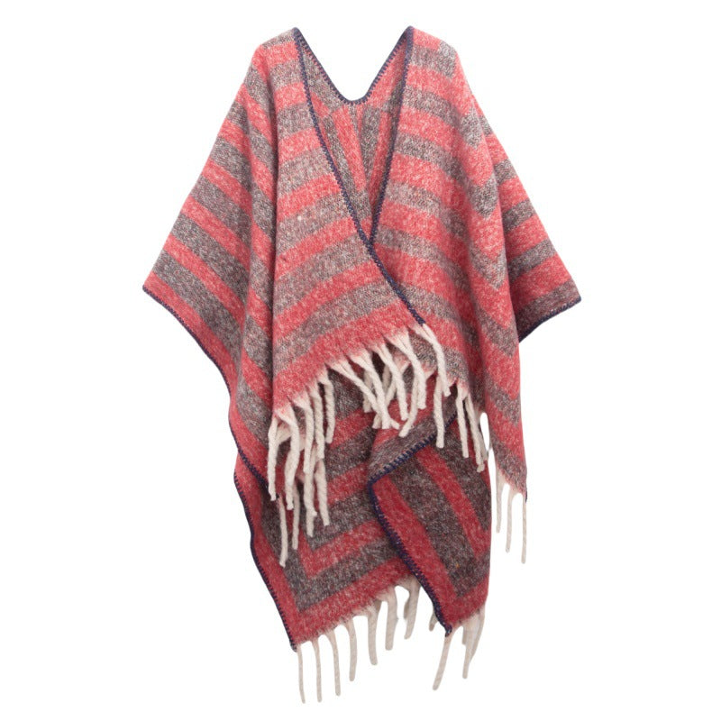 2025 new European and American autumn and winter circle yarn imitation mohair thickened jacquard striped shawl