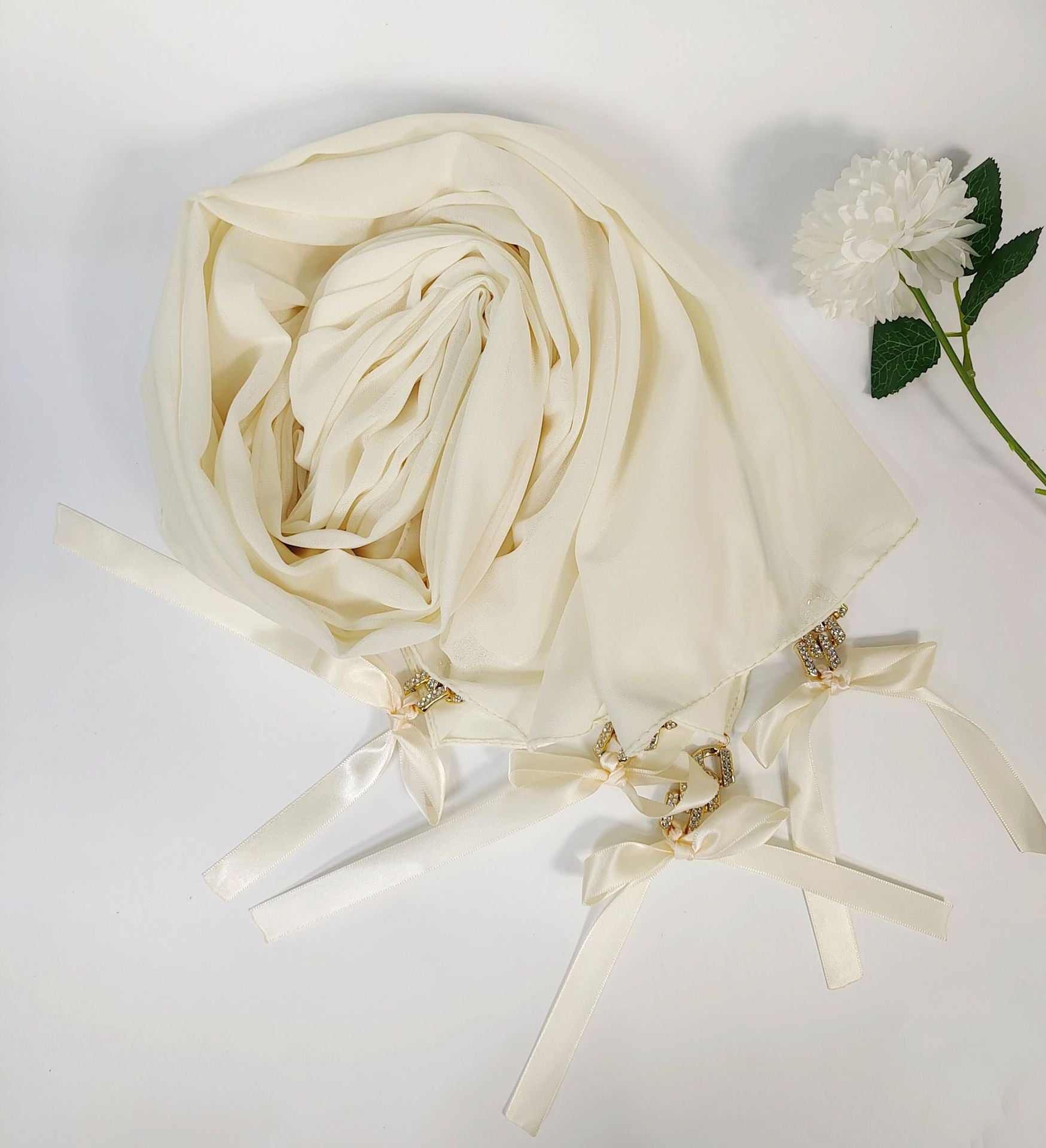 New ins fashion monochrome pearl chiffon diamond jewelry bow tassel  bag headscarf hijab