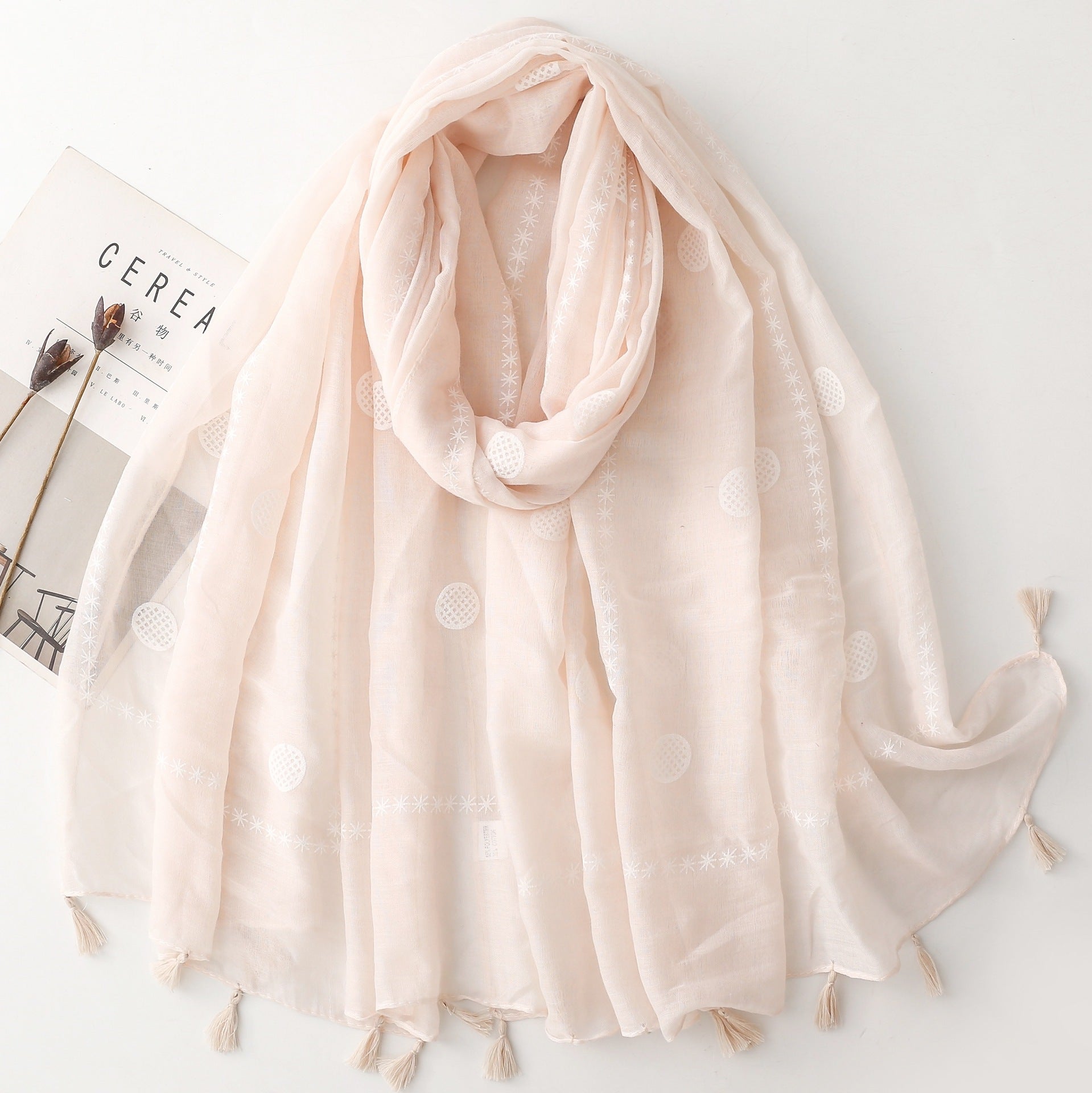 Solid color ethnic style women's scarf handmade fringed flower geometric scarf silk scarf shawl women