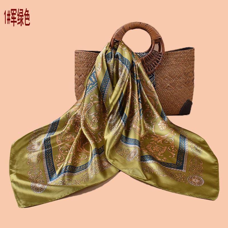 Spring and summer scarves, high-end totem printing versatile decorative scarves, headscarves, silk scarves, 90cm high-quality satin square scarves