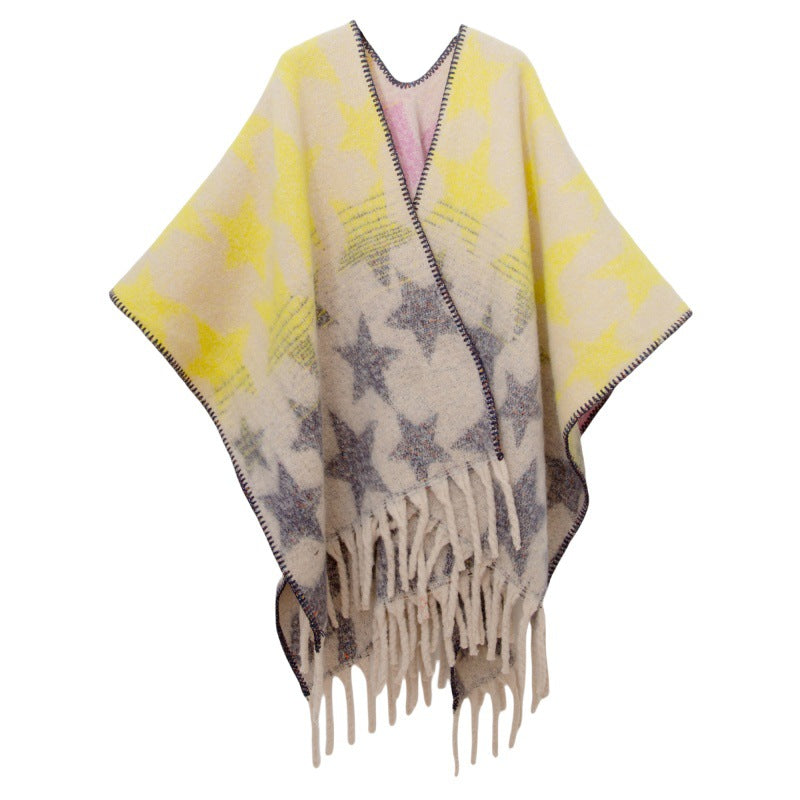 2025 new European and American autumn and winter imitation mohair double-sided thickened jacquard five-pointed star cross shawl