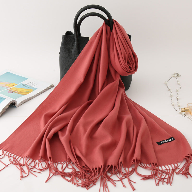 Solid color imitation cashmere scarf women's monochrome fashionable versatile warm shawl fringed red scarf winter scarf