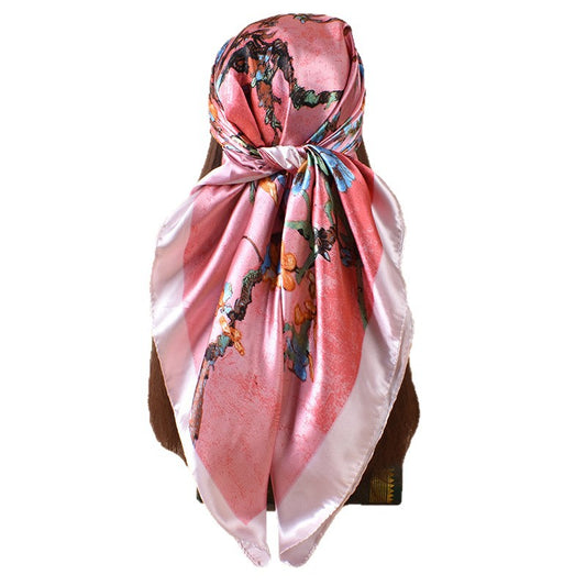 2025 new 90cm-color ink painting plum blossom printing square scarf with sunscreen, bag head silk scarf decoration, scarf