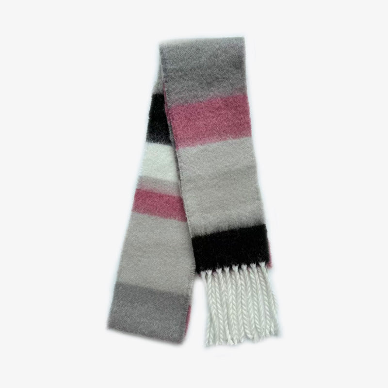 Designer 70% wool striped fringed scarf women's autumn and winter color matching fine and narrow decorative wool wool scarf