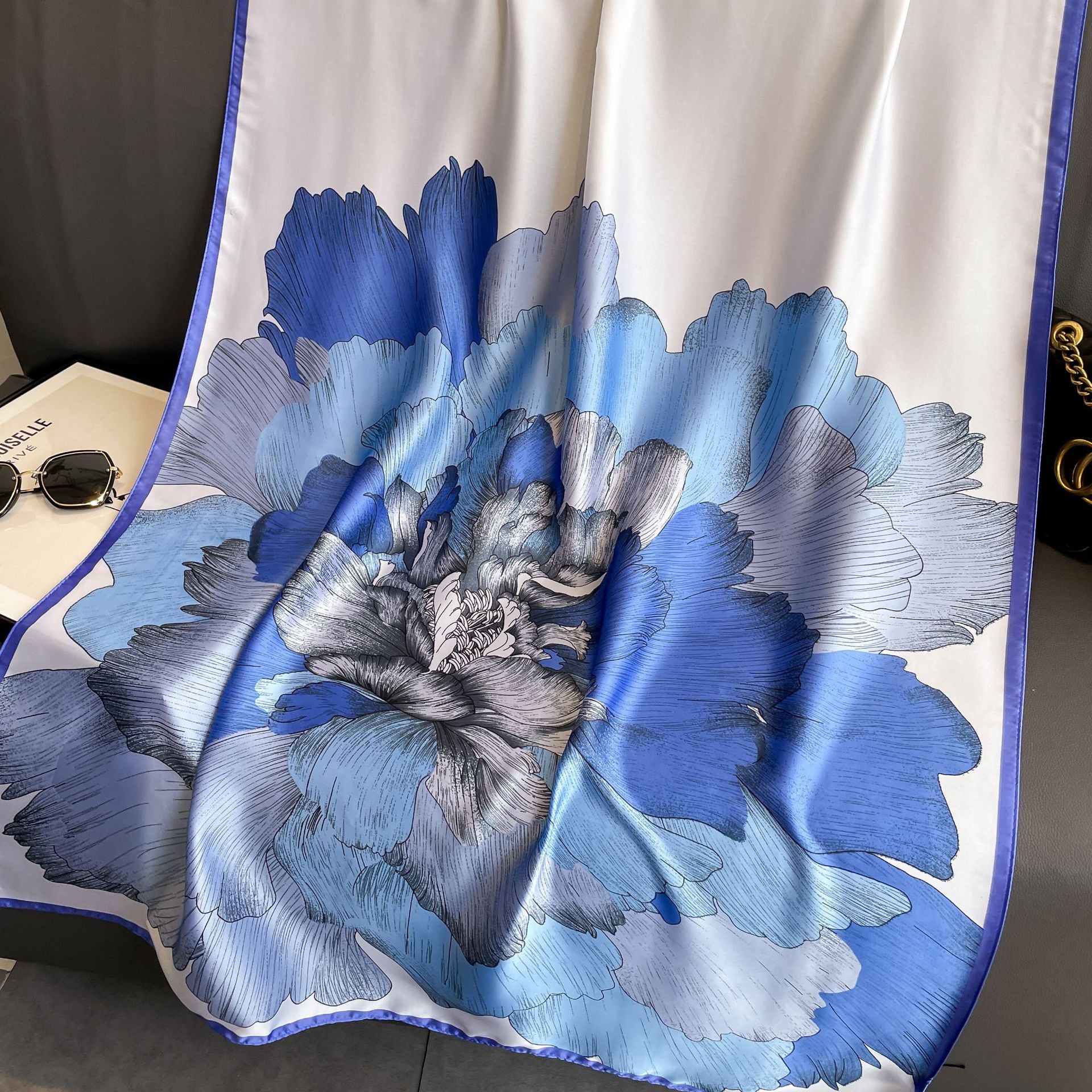 Korean version of fashion versatile gradual change color plant flower long silk scarf, elegant temperament women's vacation outside shawl scarf
