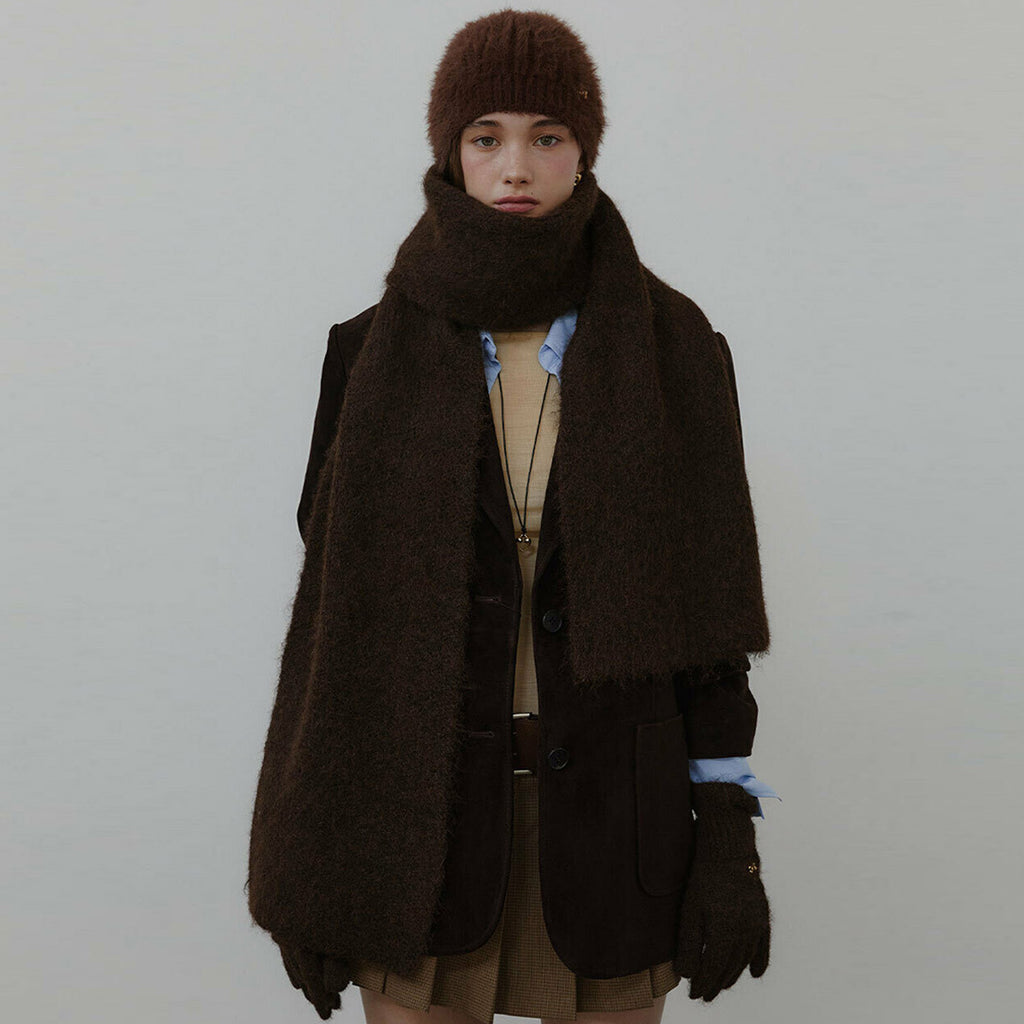 Korean designer wool-blend solid-color knitted scarf women's winter thickened atmosphere and enlarged wool scarf