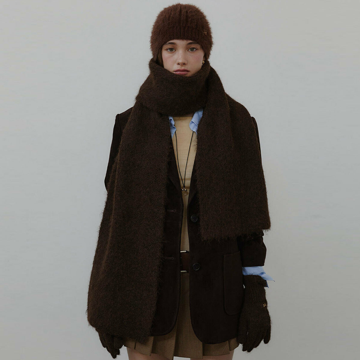 Korean designer wool-blend solid-color knitted scarf women's winter thickened atmosphere and enlarged wool scarf