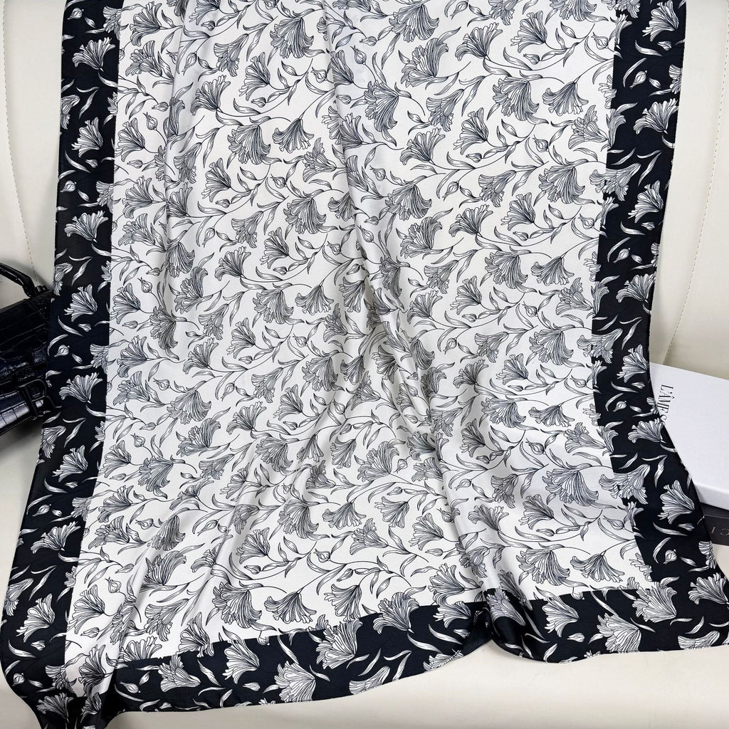 Fashion versatile black and white plant leaves long silk scarf, temperament female travel vacation sunscreen shawl