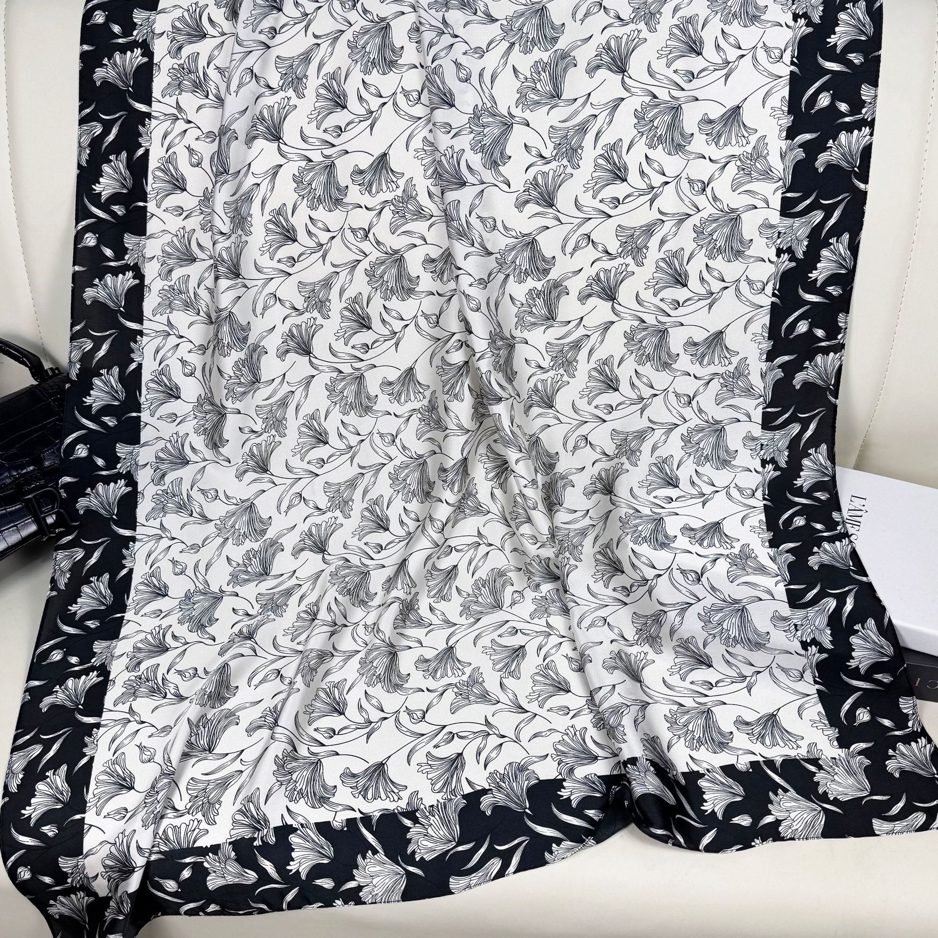 Fashion versatile black and white plant leaves long silk scarf, temperament female travel vacation sunscreen shawl