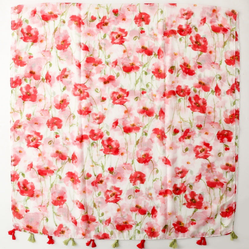 Scarf Bali yarn silk scarf small fresh lady sweet idyllic pink red flower tassel travel shawl woman