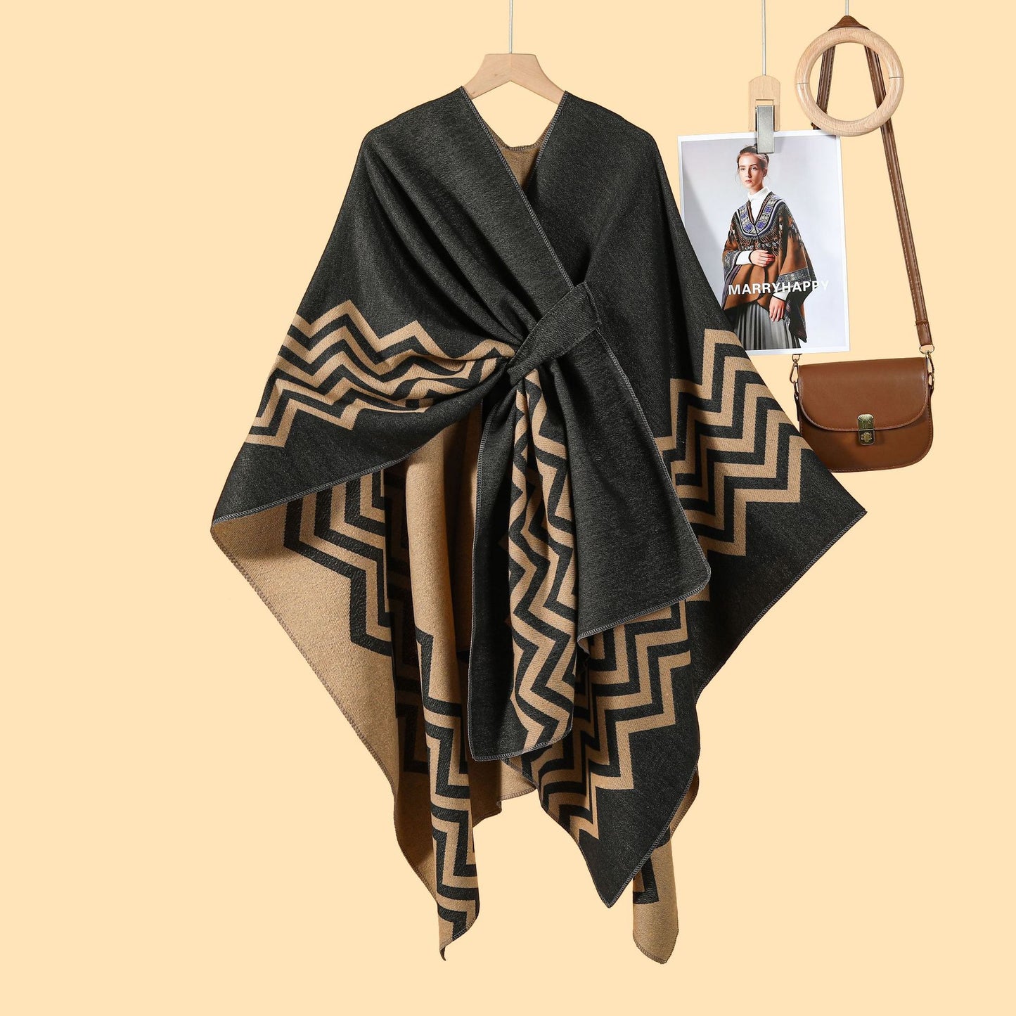 New Women's Wave Pattern Split Shawl Cardigan Multifunctional Autumn and Winter Straps Cloak Shawl New