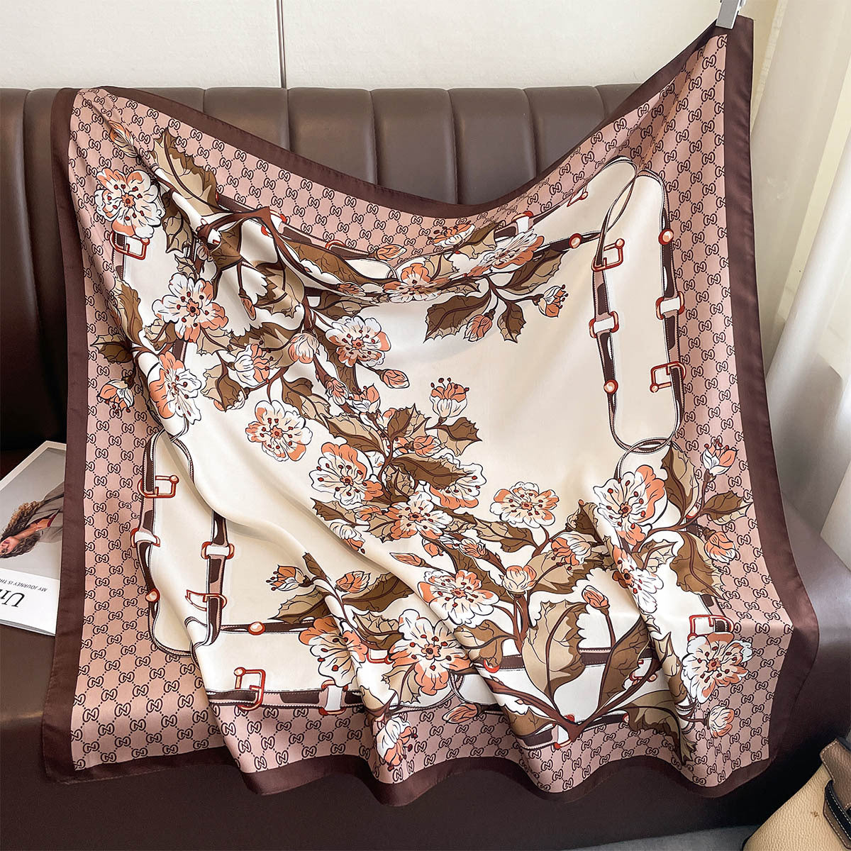 Spring and Autumn New Women's Twill 90 Square Scarf Fashion Flower Printing Multifunctional Versatile Shawl Scarf