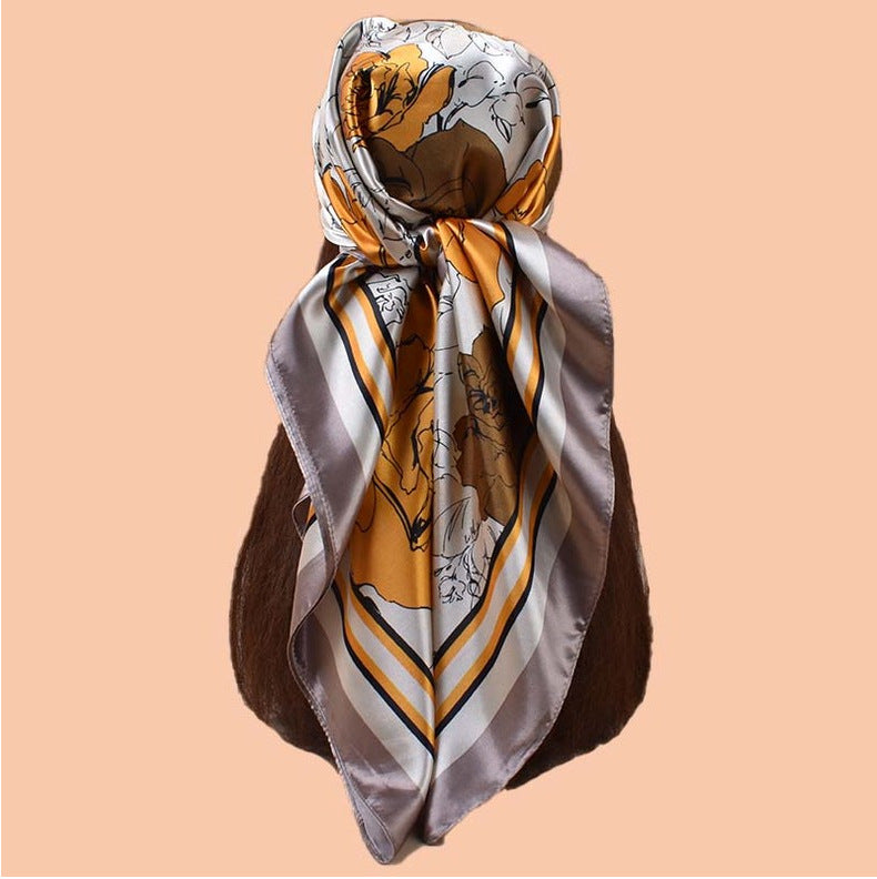 Spring and summer temperament big flower printing versatile decorative scarf headscarf silk scarf 90 high-quality satin large square scarf