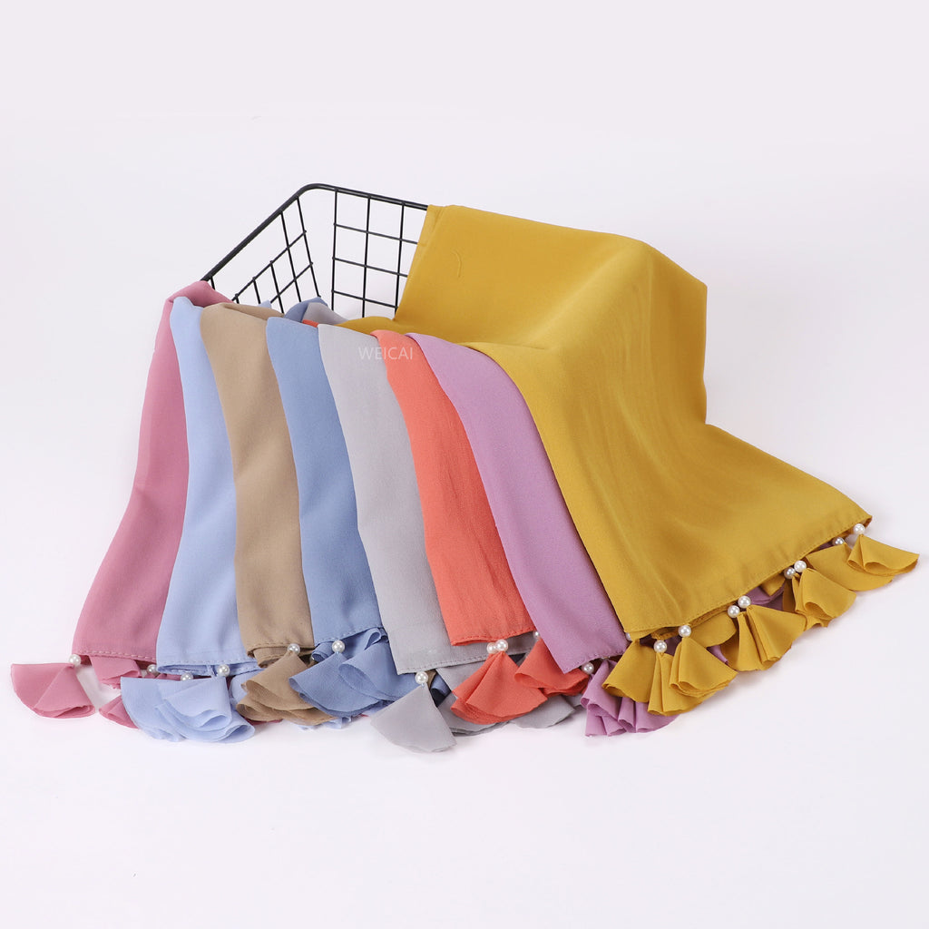 New solid color pearl chiffon flower fringed scarf  scarf Middle East headscarf hijab Malay long scarf