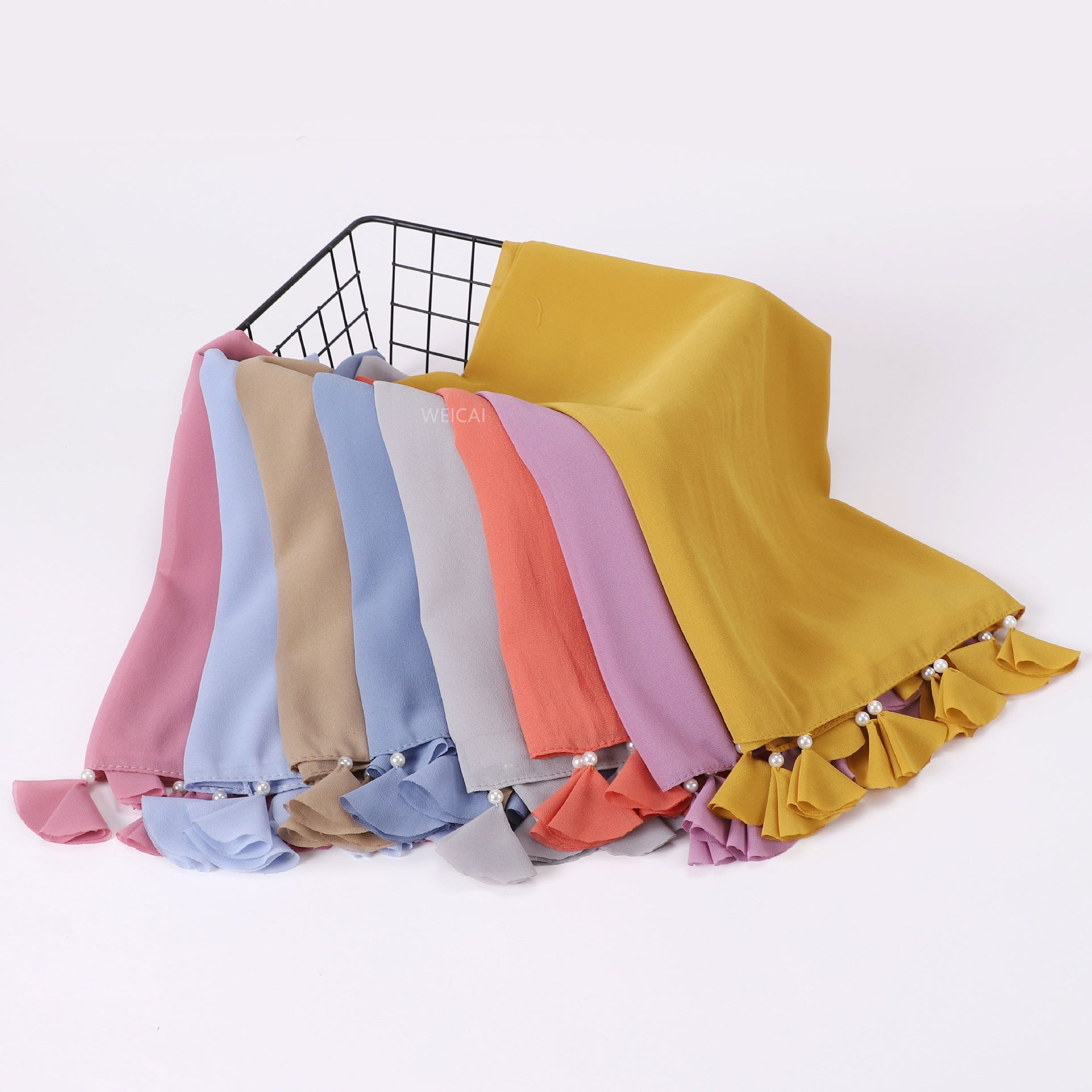 New solid color pearl chiffon flower fringed scarf  scarf Middle East headscarf hijab Malay long scarf