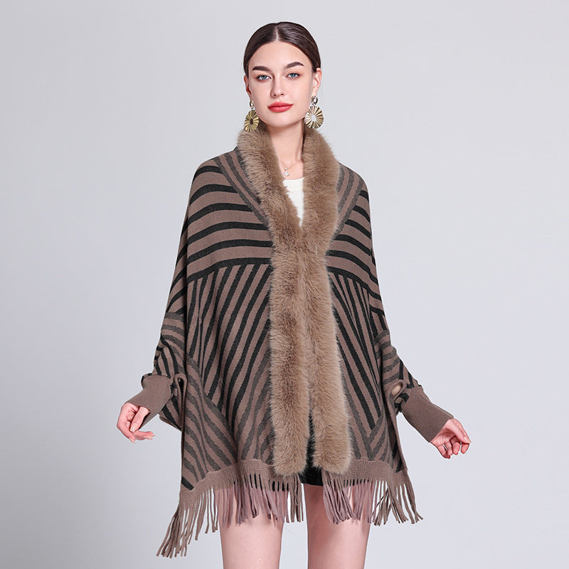 European and American autumn and winter new fashion striped fringed knitted shawl cape versatile cape outer scarf shawl 1233