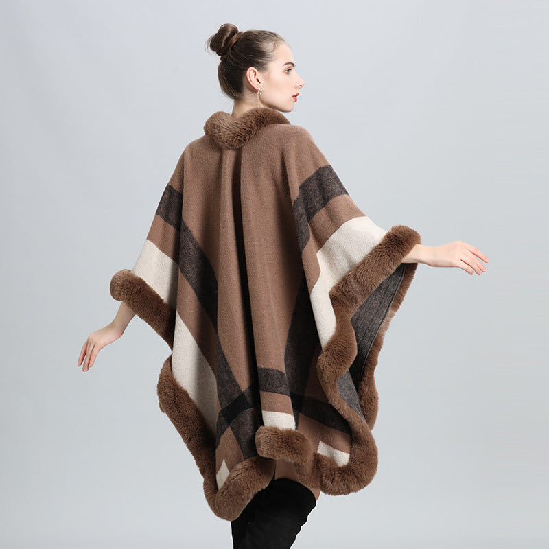 European and American autumn and winter new temperament plaid fur collar shawl cape scarf shawl fur shawl 0968 #