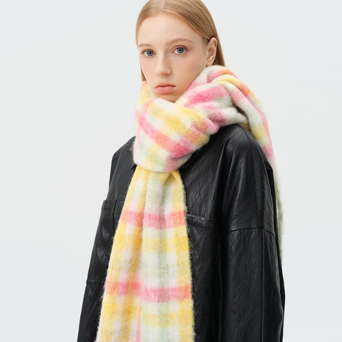 Niche wool blended rainbow plaid scarf women's autumn and winter plus fringed shawl Korean wool scarf