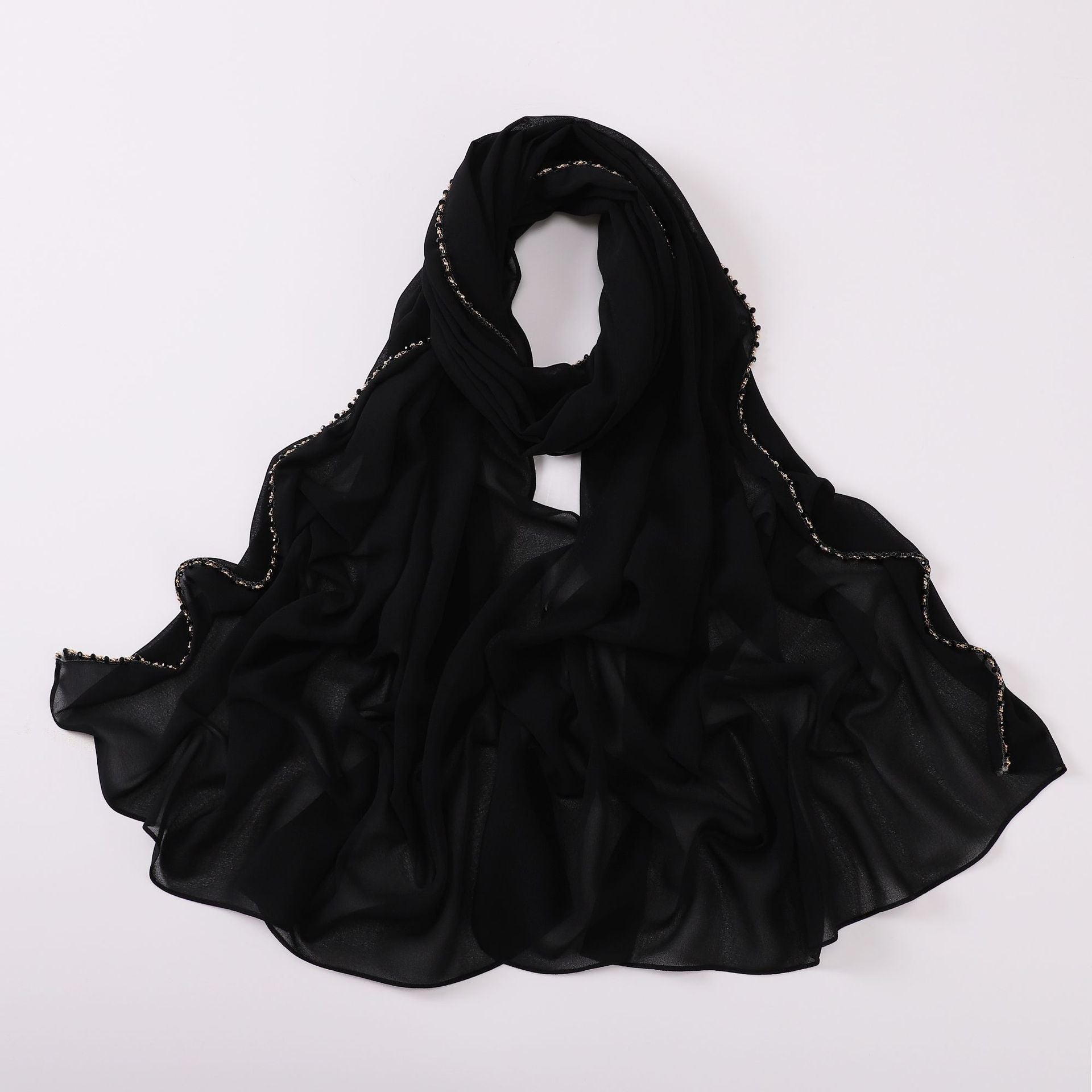 New copper chain, black crystal pearl chiffon scarf, yarn scarf, Middle East and Africa headscarf.