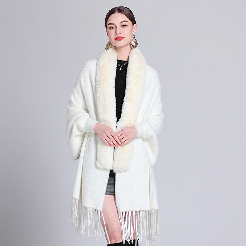 Autumn and winter new shawl fur collar imitation mink velvet knitted fringed sleeved cheongsam shawl with cape jacket women