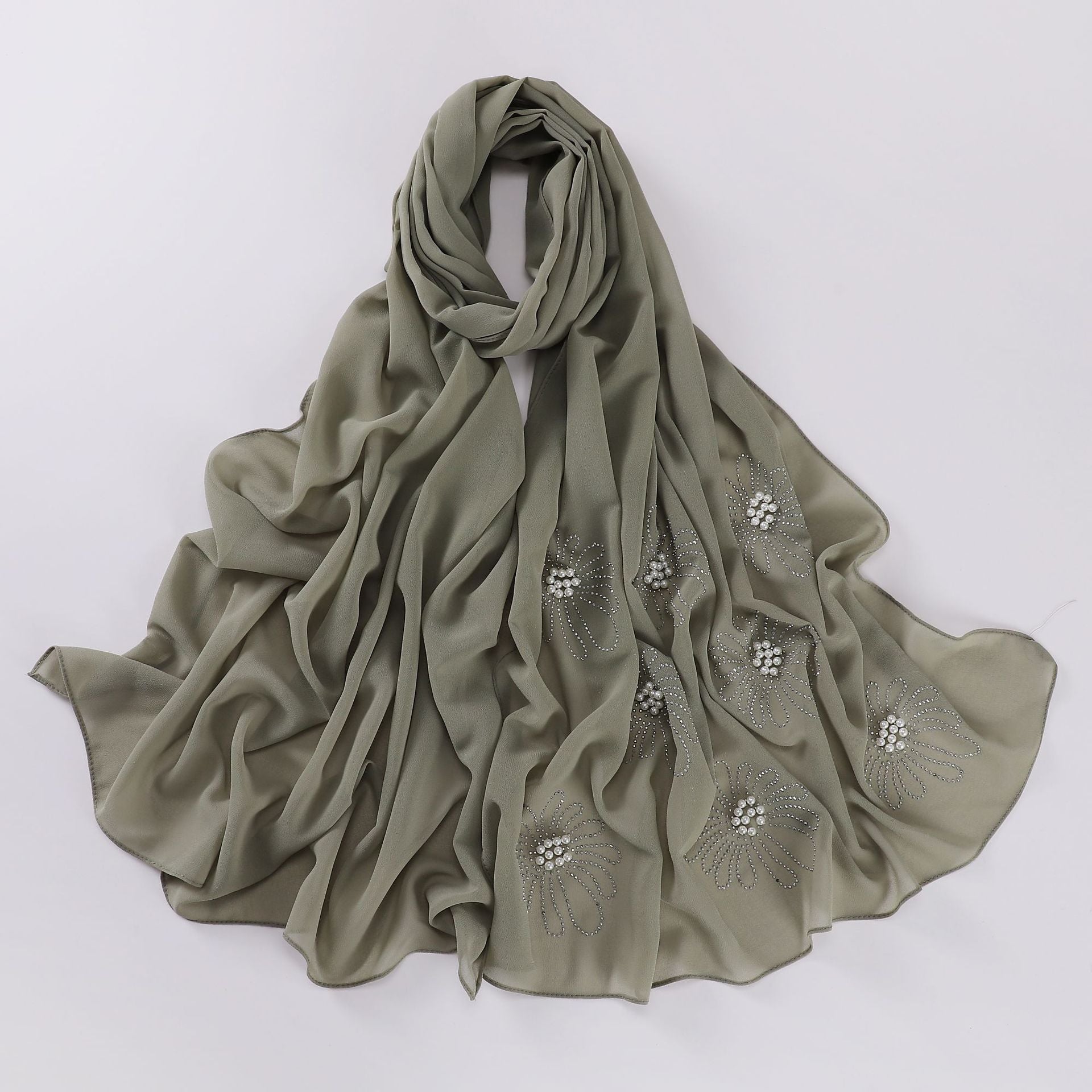 New pearl chiffon single-headed flower hot diamond bead scarf, gauze, Middle East and Africa, headscarf hijab.