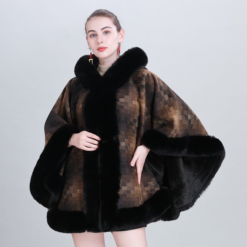 European and American autumn and winter fashion new cape shawl piled thickened plaid fur collar hooded scarf shawl cape 0985