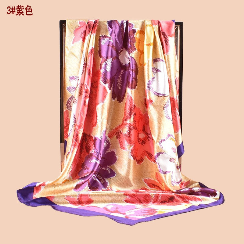 Spring new fashionable versatile large shawl imitation silk flower printing silk scarf head scarf 90-color square scarf