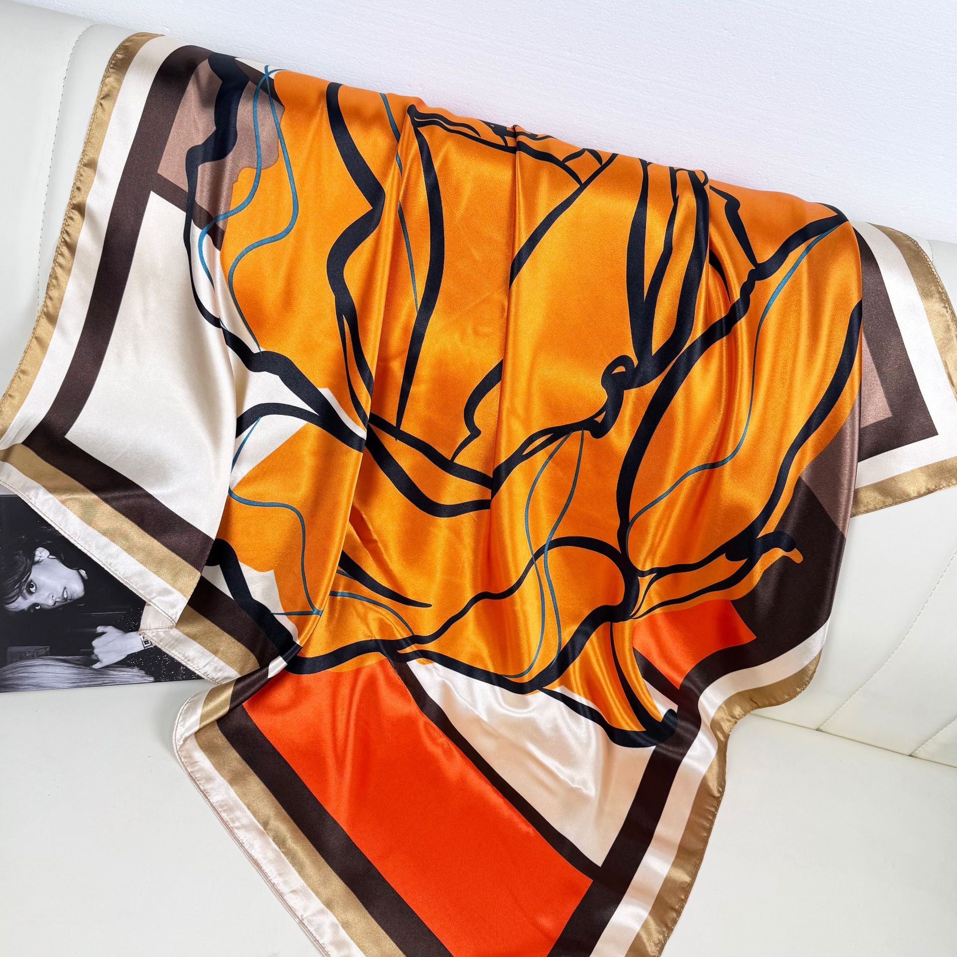 Simple and versatile abstract painting geometric line silk scarf 90cm large square scarf, elegant temperament women's bag head scarf