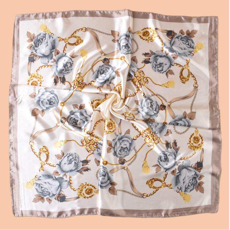 2025 new 90-color beautiful chain flower printing square scarf with sunscreen, bag head silk scarf decoration, scarf