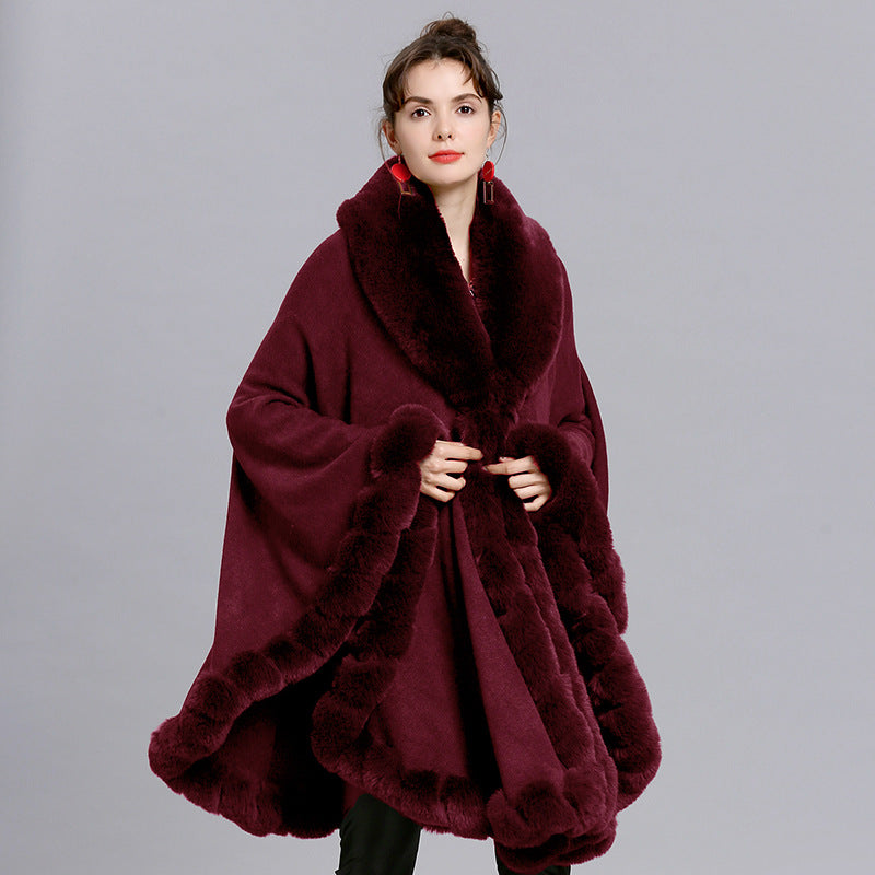European and American new cape large size coat women's shawl loose imitation fur collar knitted cardigan shawl cape 1561 #