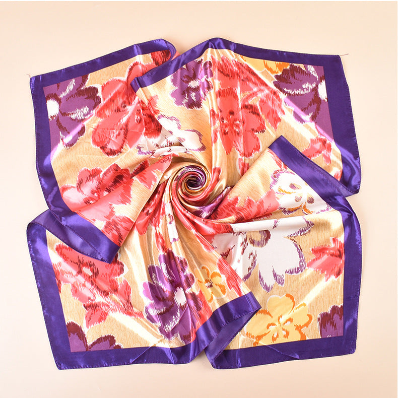 Spring new fashionable versatile large shawl imitation silk flower printing silk scarf head scarf 90-color square scarf